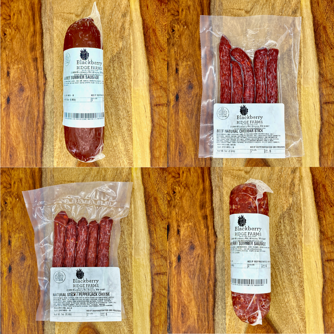 A cover imagine consisting of 4 smaller images consisting of, clockwise, all-natural cheddar beef sticks, all-natural cranberry summer sausage, all-natural original flavor beef sticks, and all-natural original flavor summer sausage all from Blackberry Ridge Farms.