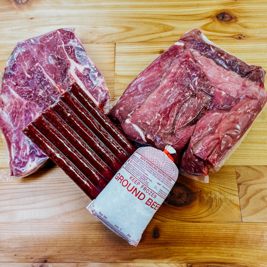 The Sampler with Short Ribs including 1 Dry Aged Beef Roast, 1 Dry Aged Ground Beef, 1 Dry Aged Boneless Short Ribs, 1 Flavor of the Month Beef Sticks Package of 6