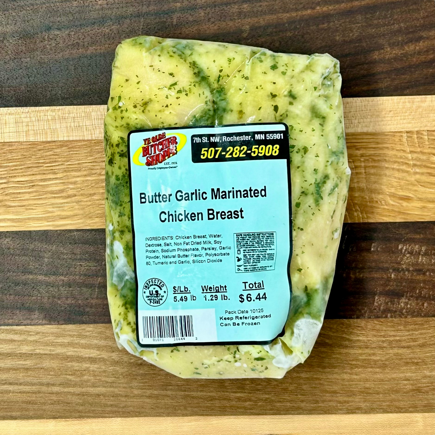 A pack of Butter Garlic Marinated Chicken Breast from Ye Olde Butcher Shoppe