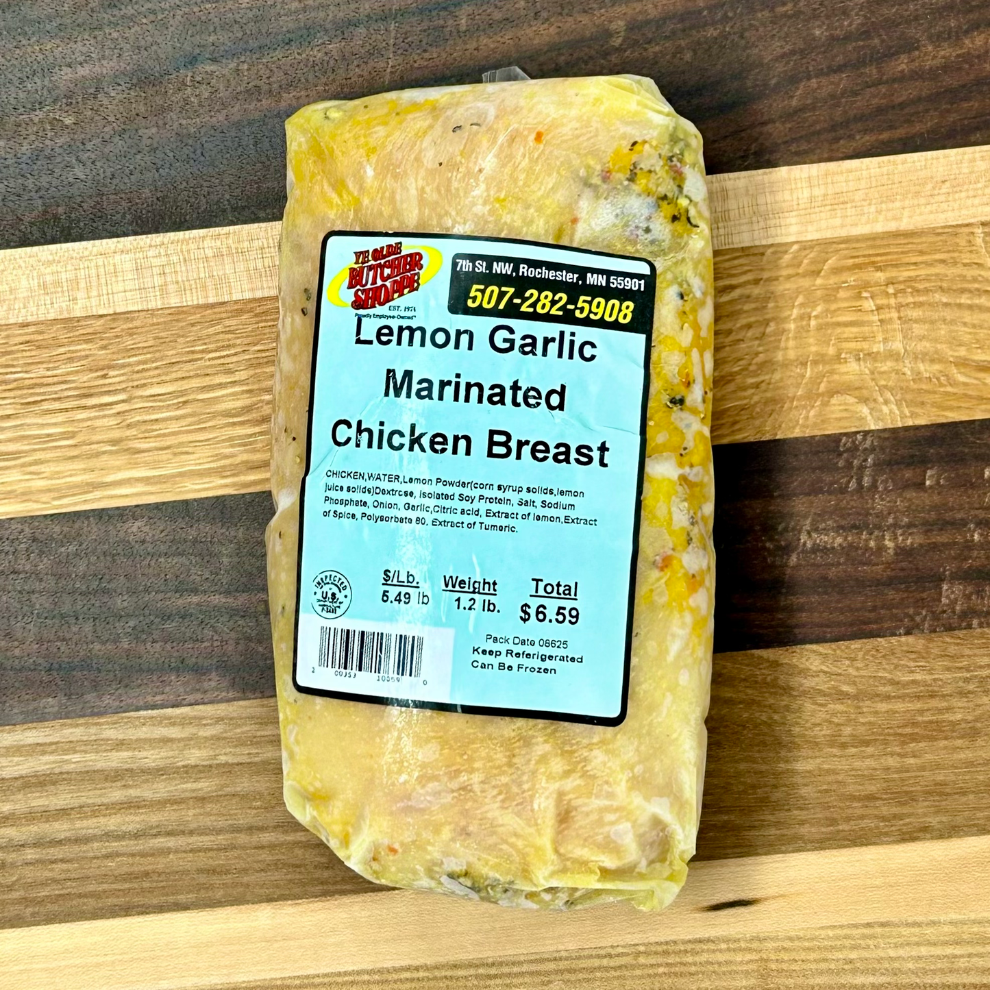 A pack of Lemon Garlic Marinated Chicken Breast from Ye Olde Butcher Shoppe