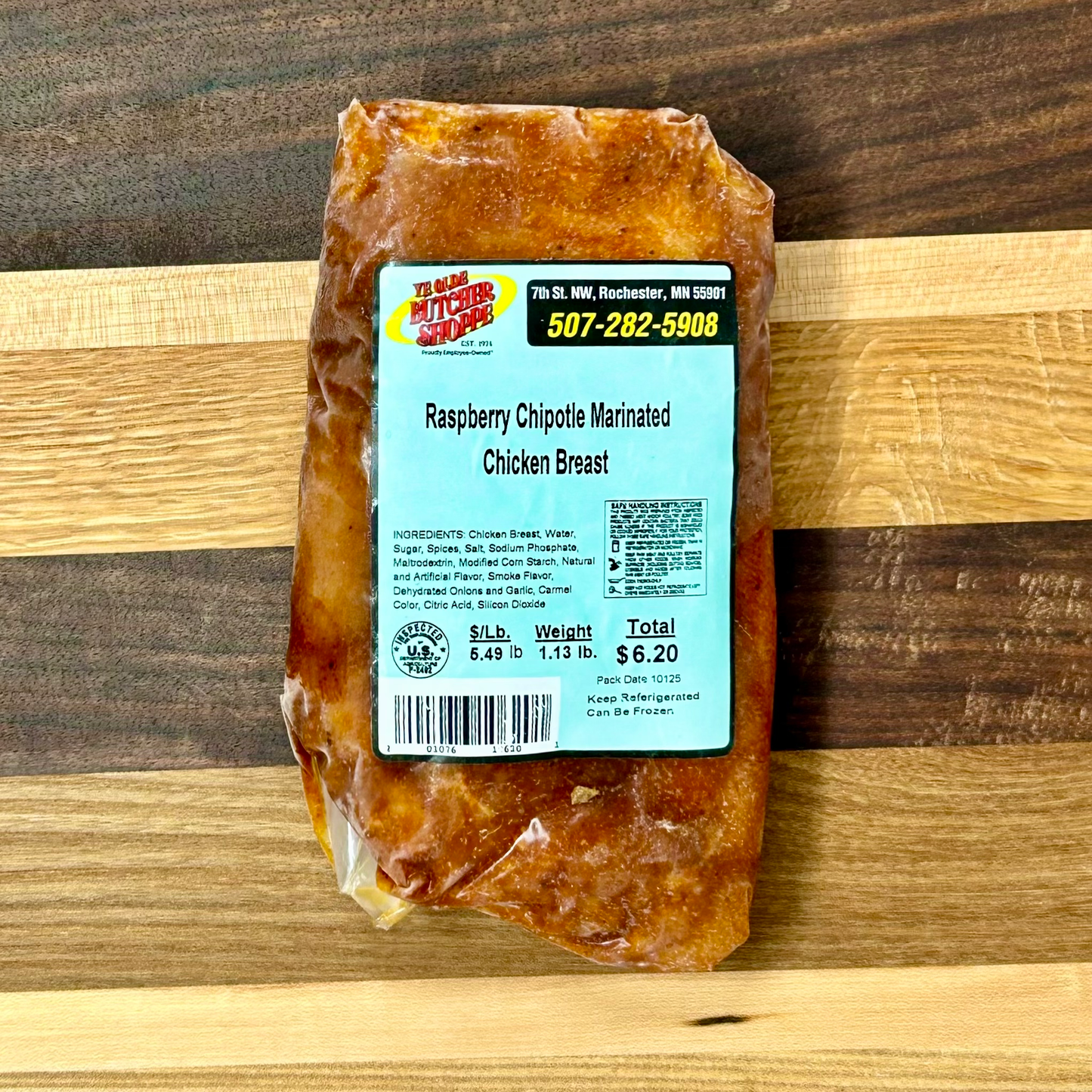 A pack of Raspberry Chipotle marinated chicken breast from Ye Olde Butcher Shoppe