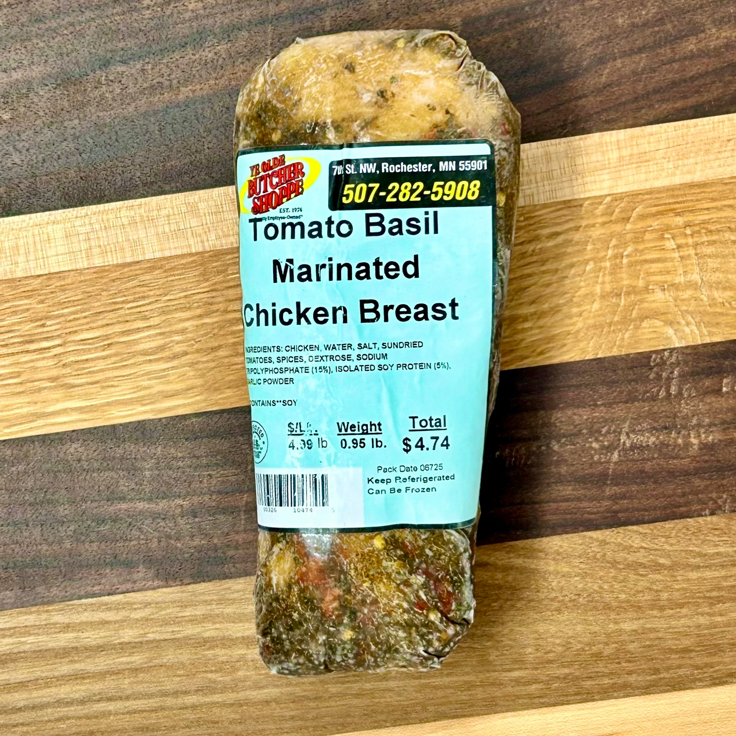 A pack of Tomato Basil marinated chicken breast from Ye Olde Butcher Shoppe