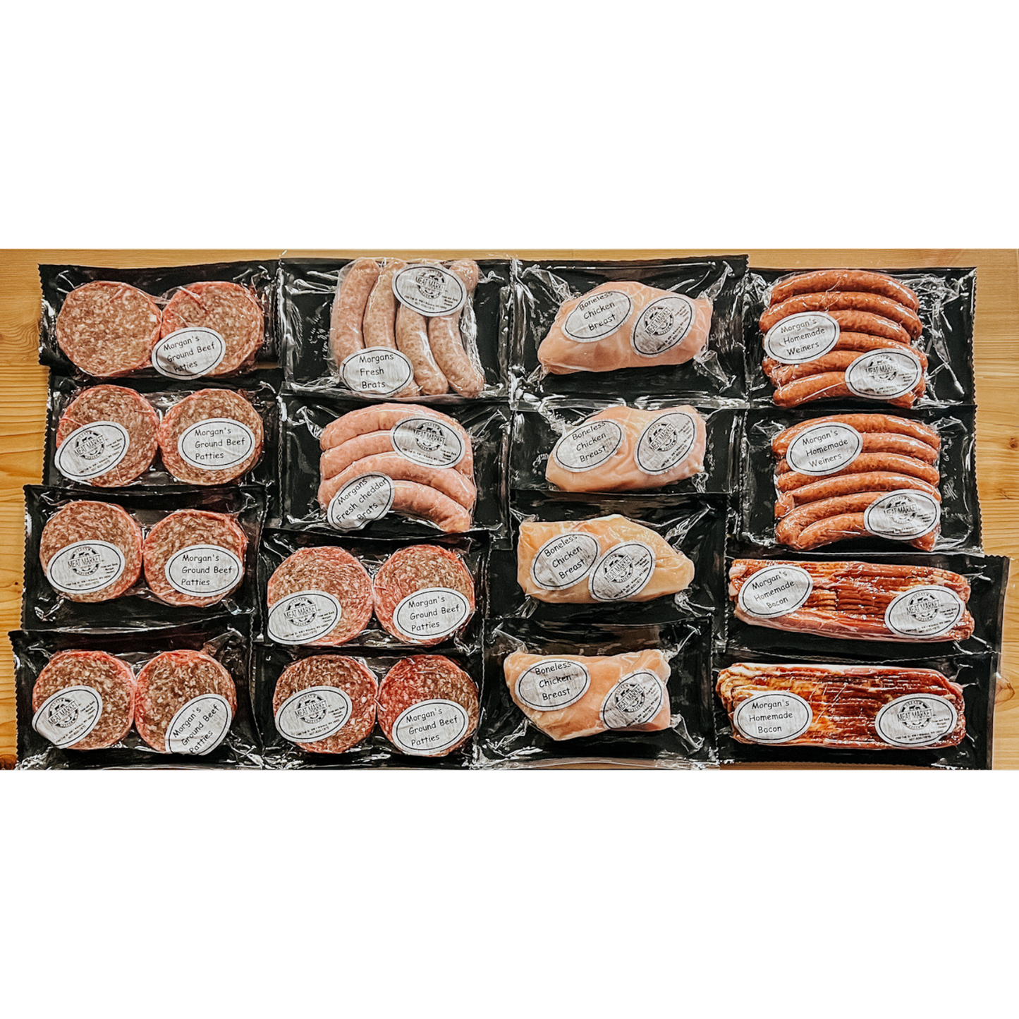 Family Grill Box including 1 Original Brats Pack of 4, 1 Specialty Brats Pack of 4, 2 Original Hickory Smoked Bacon 1 lb Packages, 4 Chicken Breasts, 2 Wieners Pack of 6, 12 Ground Beef 1/4 lb Patties