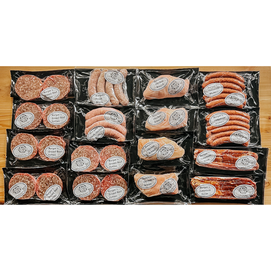 Family Grill Box including 1 Original Brats Pack of 4, 1 Specialty Brats Pack of 4, 2 Original Hickory Smoked Bacon 1 lb Packages, 4 Chicken Breasts, 2 Wieners Pack of 6, 12 Ground Beef 1/4 lb Patties