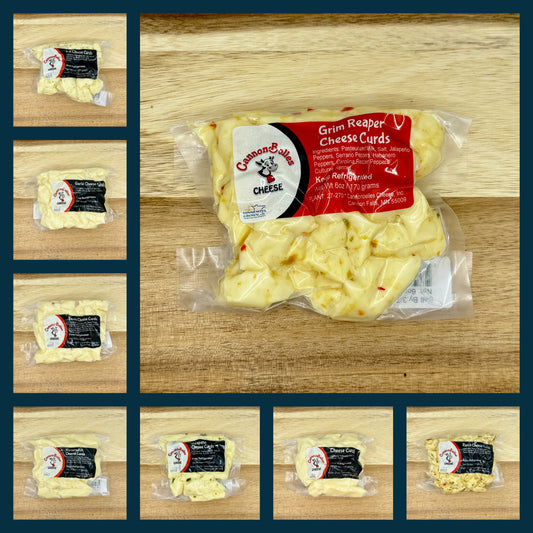 A compilation image showing each flavor of cheese curds from CannonBelles Cheese. 