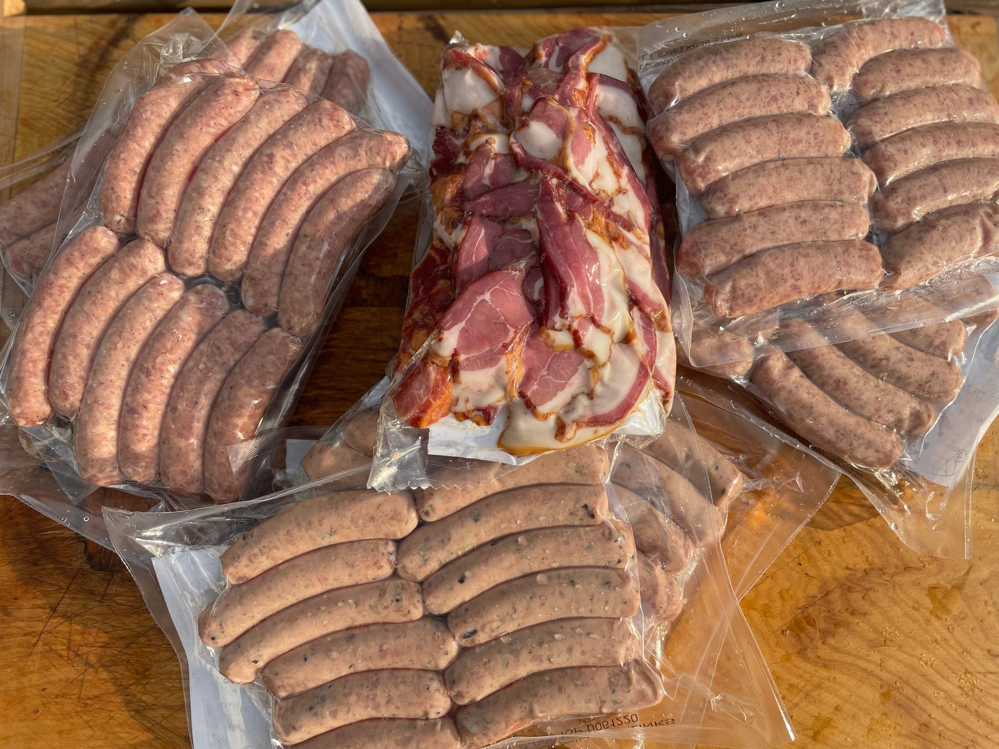Farmhouse Brunch Box including 2 Maple Wild Rice Breakfast Links, 2 Maple Breakfast Links, 2 Breakfast Links, 1 Bacon Ends and Pieces
