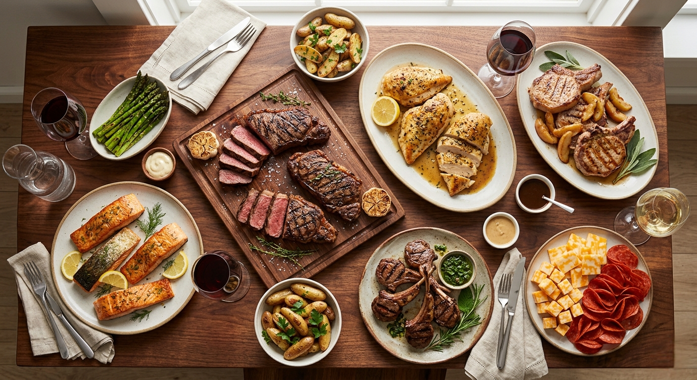 An array of cooked meats including Grilled Salmon, medium rare New York Strip steak sliced to show the cross section, lemon roasted chicken, grilled lamb chops and pork chops, and a meat and cheese board all on a wood table with glasses of red wine near a window with natural warm sunlight.