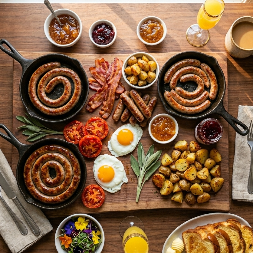 Breakfast spread with sausages, bacon, eggs, and toast on a wooden table.