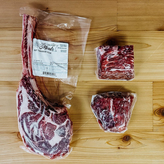 Contents of The Executive Box from Hart Country Meats, including 2 Filet Steaks, and 1 Tomahawk Steak
