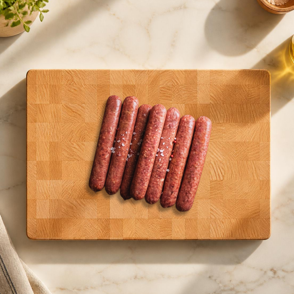 Seven raw hot dogs arranged on a rectangular wooden cutting board over a light marble surface, with a small plant, salt dish, and glass of oil nearby.