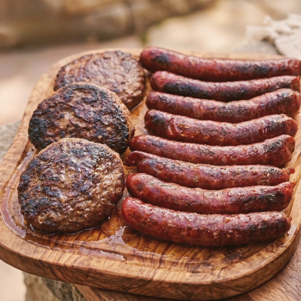 Seven raw hot dogs arranged on a rectangular wooden cutting board over a light marble surface, with a small plant, salt dish, and glass of oil nearby.