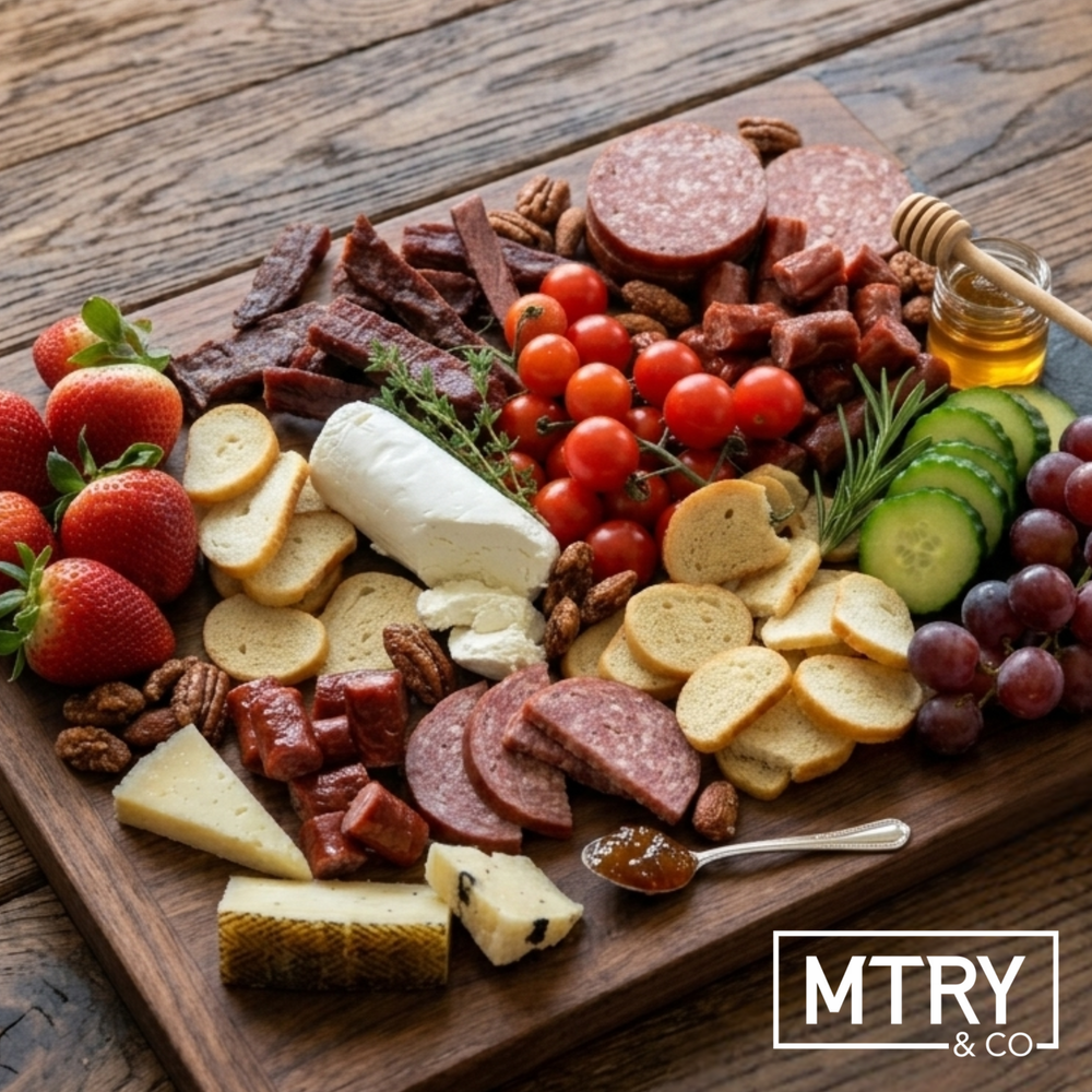 A charcuterie board with meats, cheeses, fruits, and bread on a wooden surface with MTRY & CO branding in the bottom right corner.