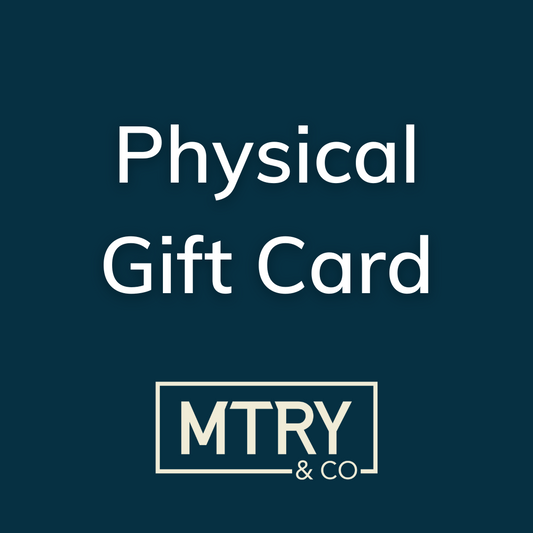 Text 'Physical Gift Card' with MTRY & CO logo on a blue background