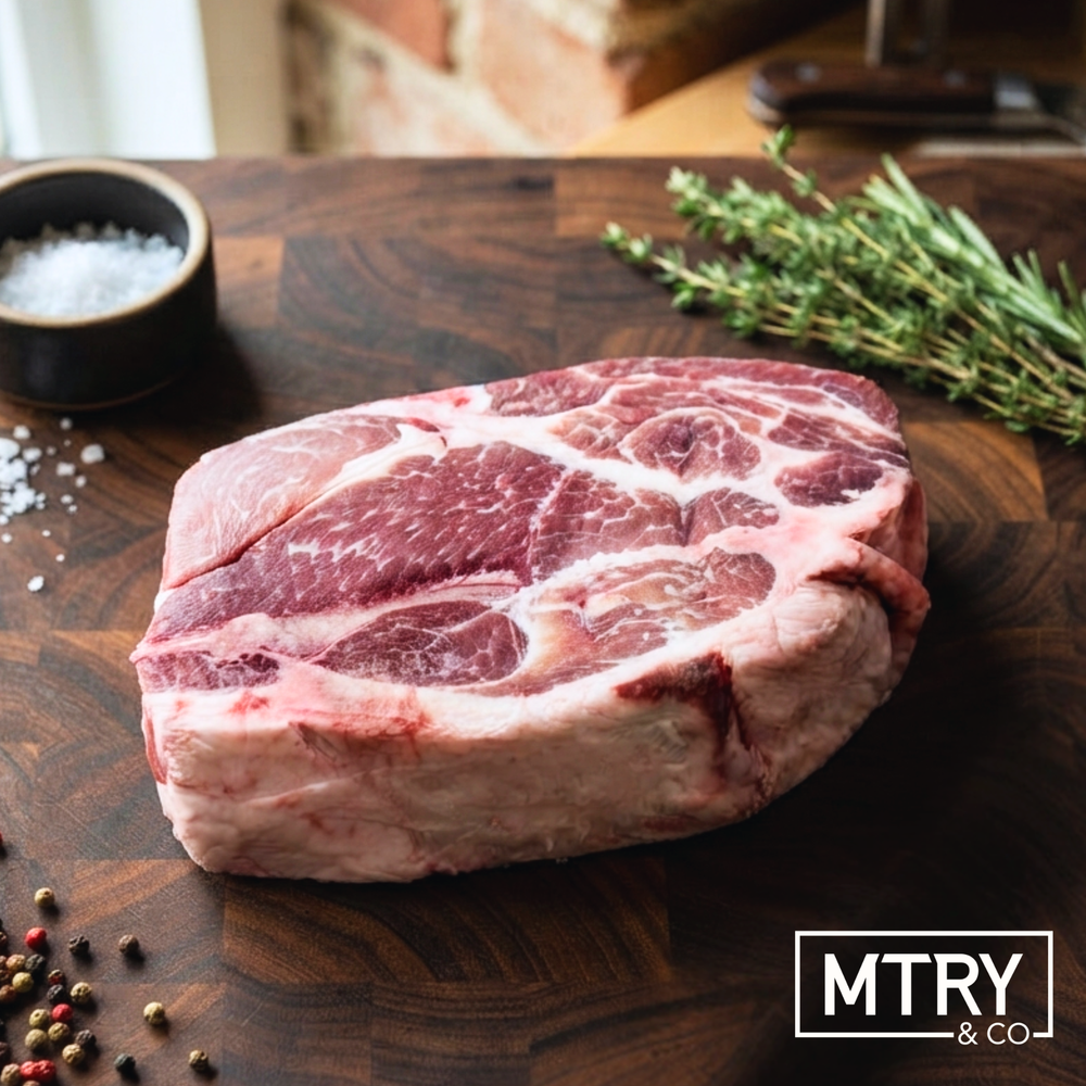 A heritage pork roast from Sixth Day Farms highlighting the rich, marbled meat of heritage breed pork. The roast is on a dark wood cutting board with a garnish of fresh herbs and peppercorns.