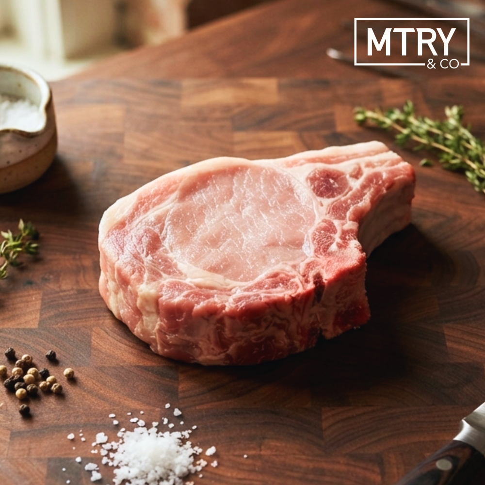 A thick-cut, bone-in pork chop from Sixth Day Farms sitting a dark wood cutting baord with salt, pepper, and herb garnishes.