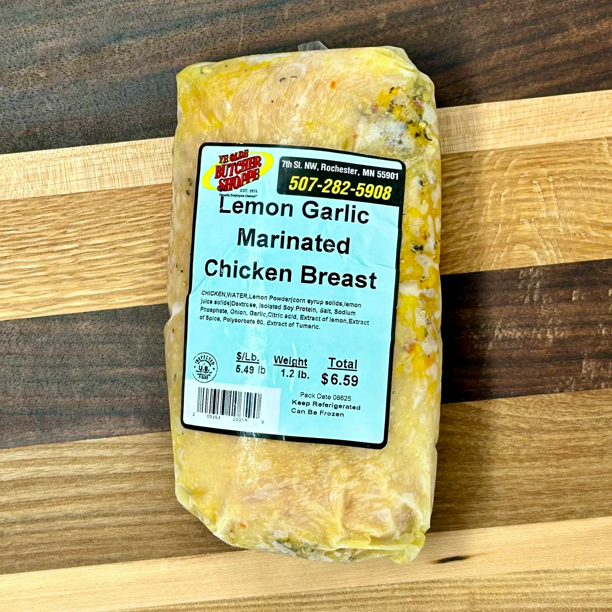 A pack of Lemon Garlic Marinated Chicken Breast from Ye Olde Butcher Shoppe