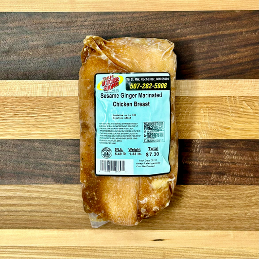 A pack of Sesame Ginger marinated chicken breast from Ye Olde Butcher Shoppe