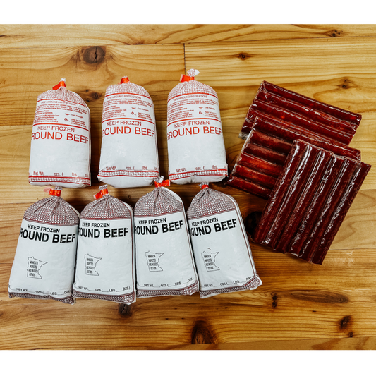 Dry Aged Burgers & Beef Sticks including 4 Ground Beef, 9 Ground Beef Patties, 3 Beef Sticks Packages of 6