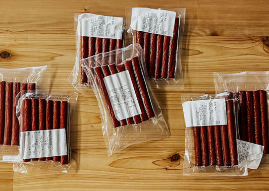 Backstreet Beef Sticks including 2 Packages of Teriyaki Beef Sticks, 2 Packages of Pepper Jack Beef Sticks, 2 Packages of German Beef Sticks, 1 Package of Apple or Bourbon Beef Sticks